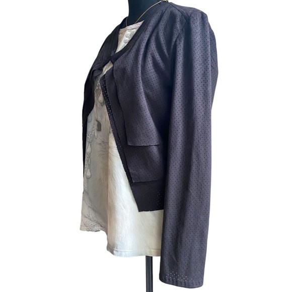 Nine West Faux Leather Blazer Women's Sz M Black Asymmetrical Perforated Boho - Picture 2 of 10